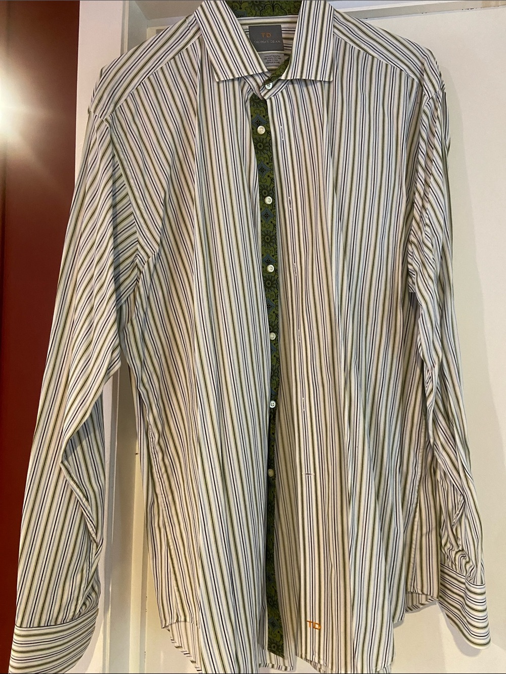 Thomas Dean Striped Dress Shirt in Green, White and Navy